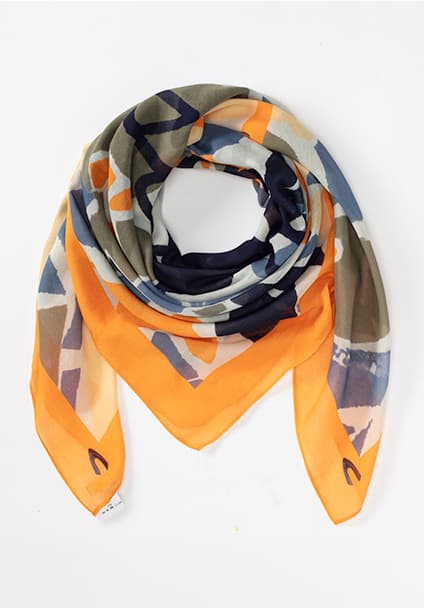 Orange navy ikat square scarf